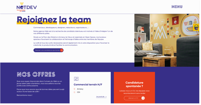 Page recrutement et offres d'emploi sur le site internet de Netdev