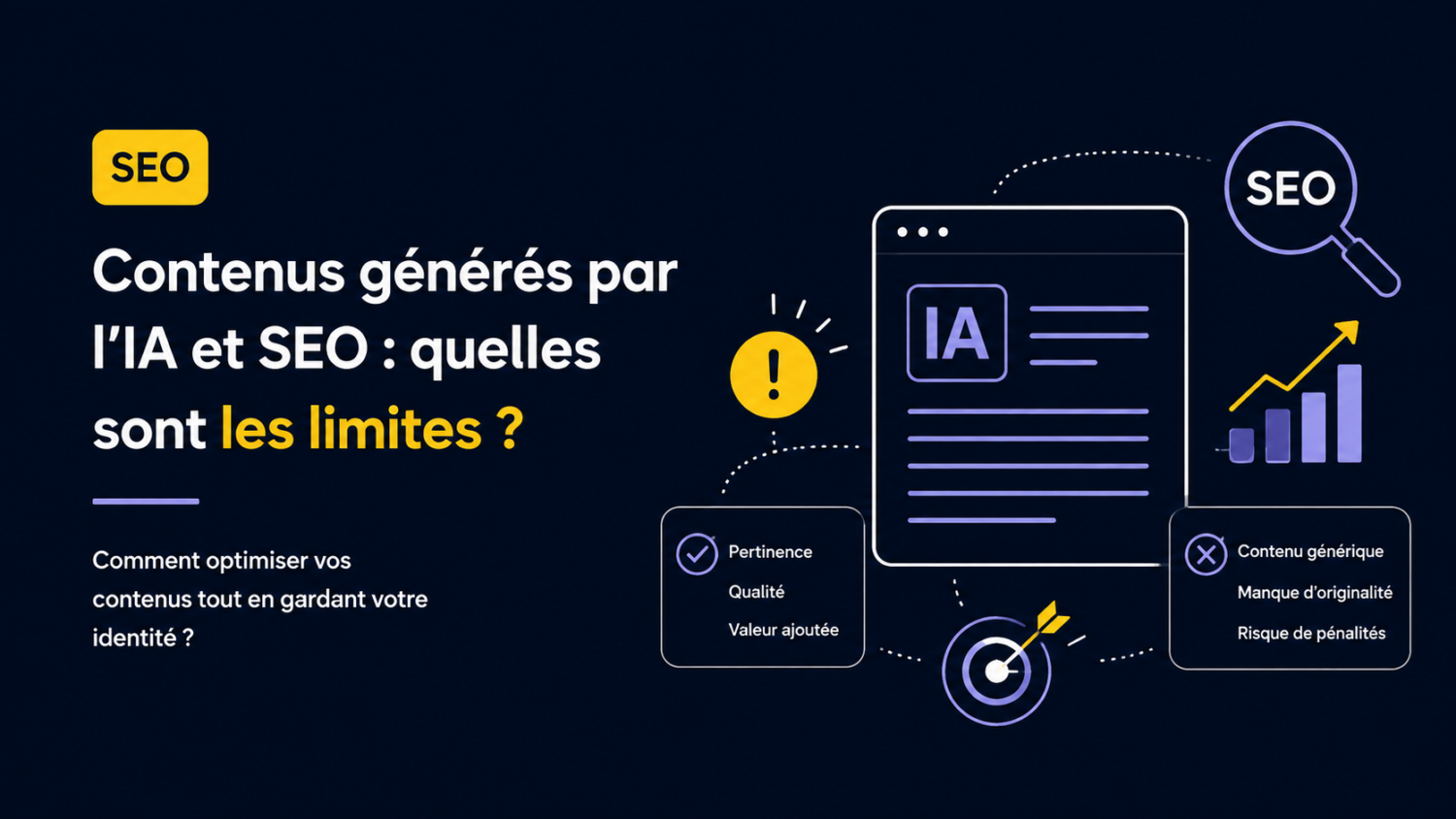 Image avec un fond noir, inscrit contenus générés par l'IA et SEO